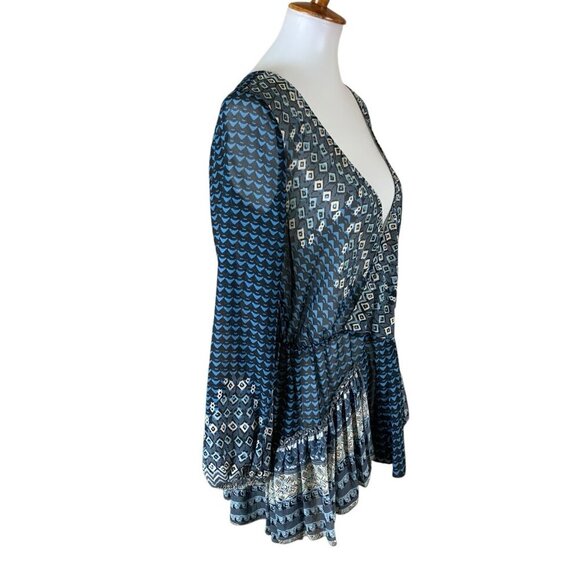 Free People Boho Elephant Print Ruffle Hem Wrap Sheer Top Small Long Sleeve Blue - Picture 4 of 6